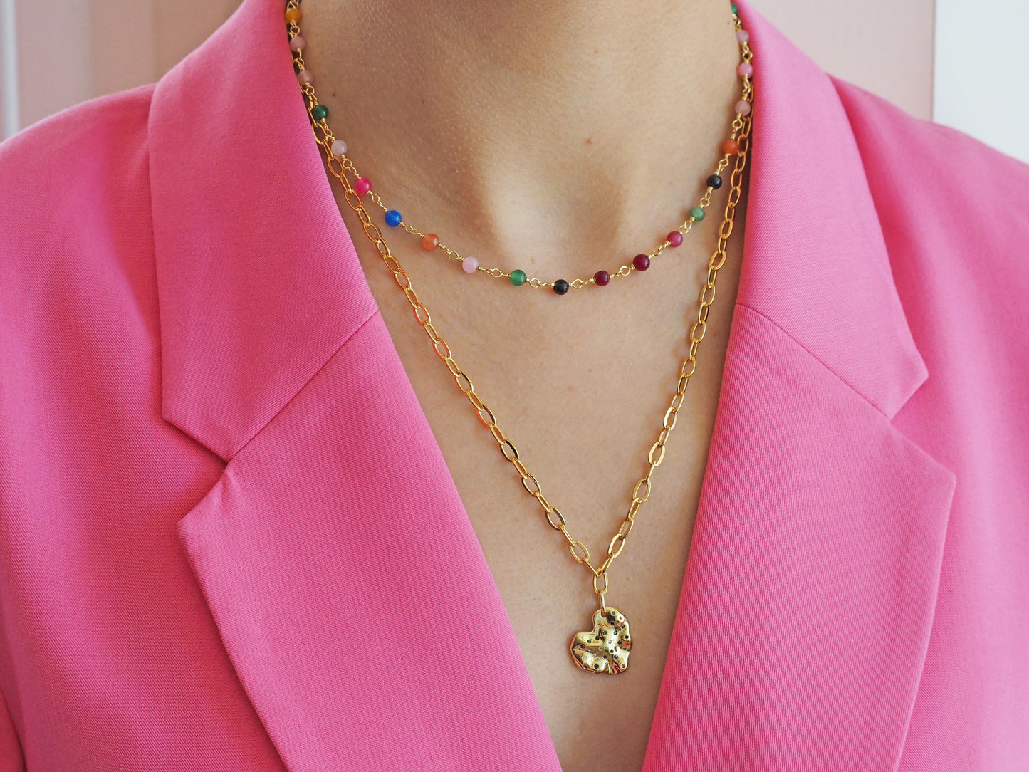 Beautiful gold plated necklace with Agatha stones with different colors. This is handmade necklace by Xatli. Gold plated necklace Canada. 10k gold plated chain.