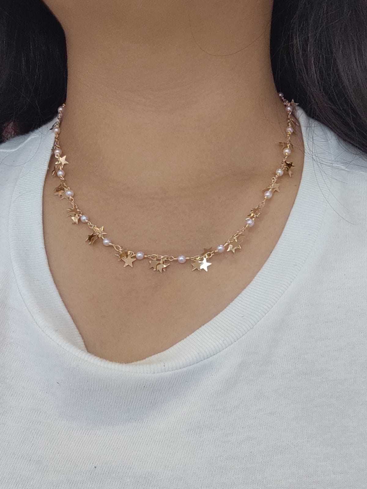 Gold Plated 18k Star Necklace with Triple Star & Natural Pearls