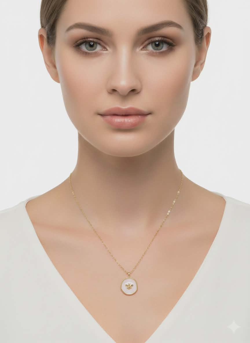 Butterfly White Circle Pendant Necklace – 18K Gold Plated