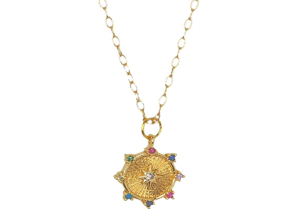 Round Pendant Necklace Gold Plated 18k with Multi-Colored Zircons