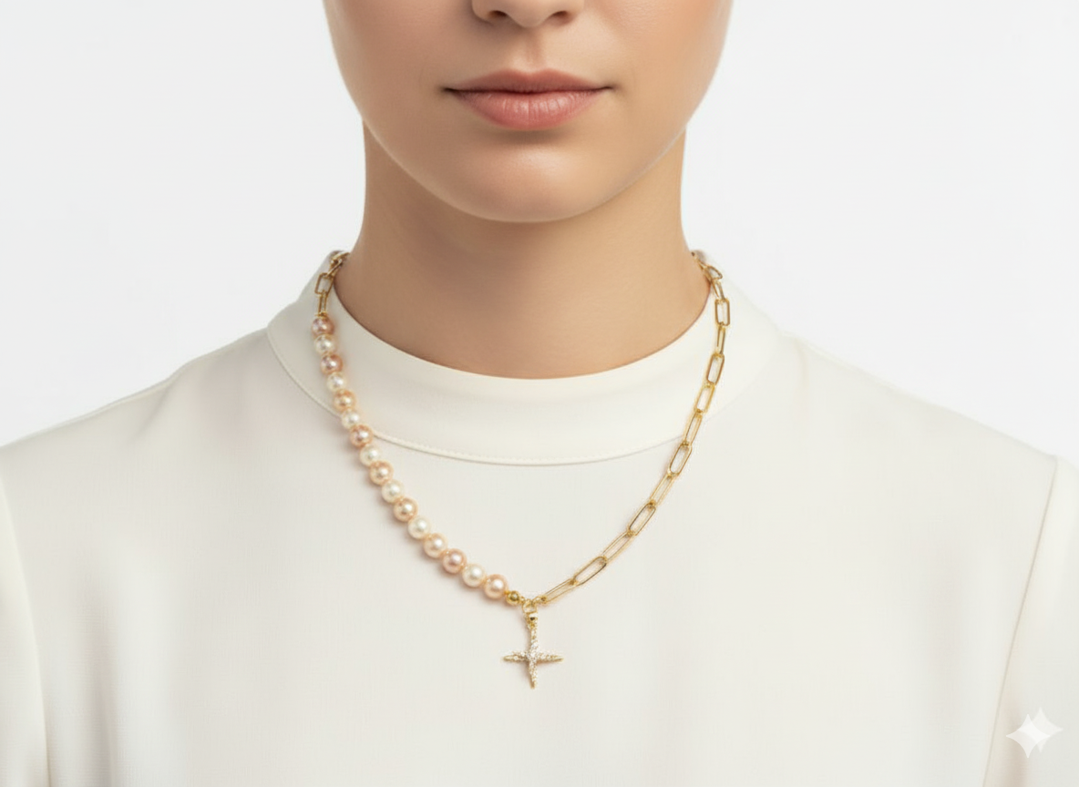 Pink Freshwater Pearl & Chain Necklace – with Dangling Star Pendant