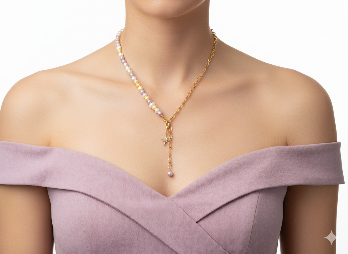 Half Pearl & Chain Necklace – Multi Purple Freshwater Pearls with Star Pendant- 18K Gold Plated