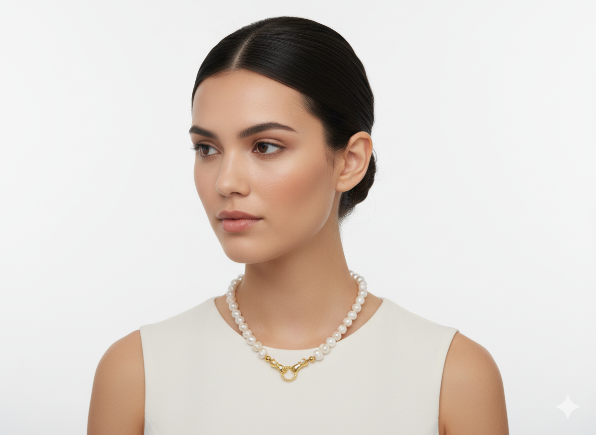 Freshwater Pearl Necklace with Hands Charm – 18K Gold Plated
