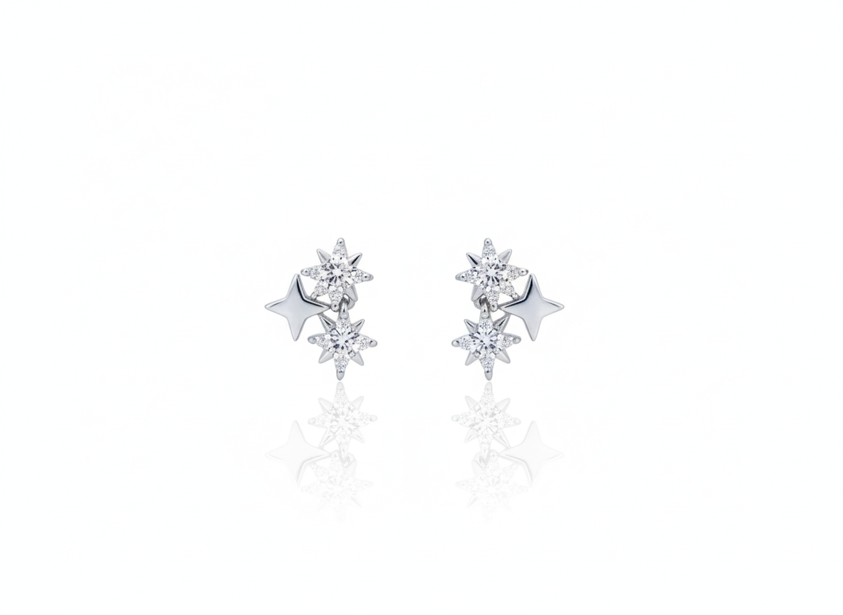 Elegant Triple Star Earrings - Sterling Silver 925 with White Zircons