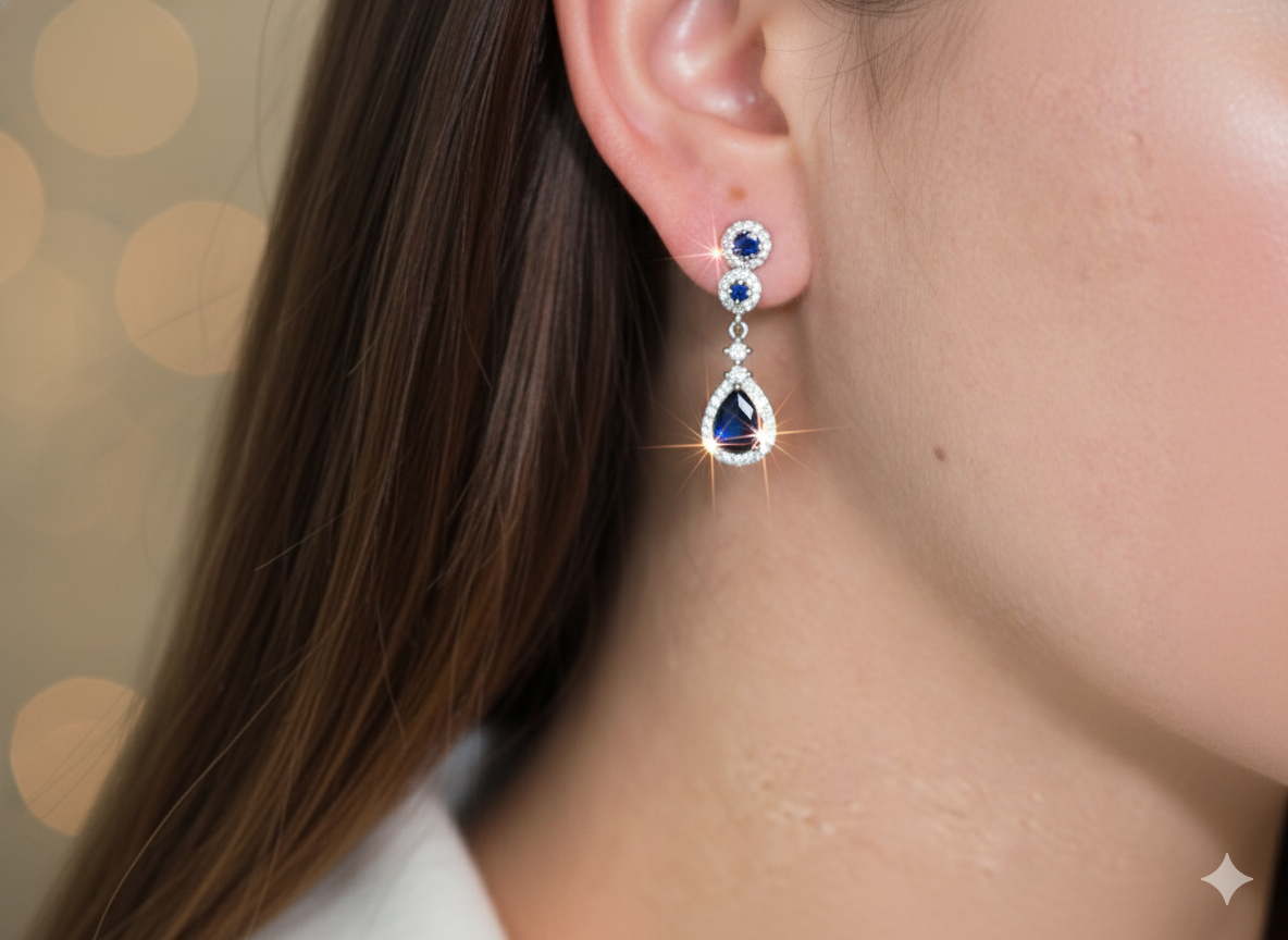 Elegant Earrings with Blue & White Zirconia in Sterling Silver 925