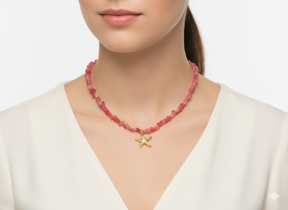 Pink Quartz Necklace with Starfish Pendant – 18K Gold Plated