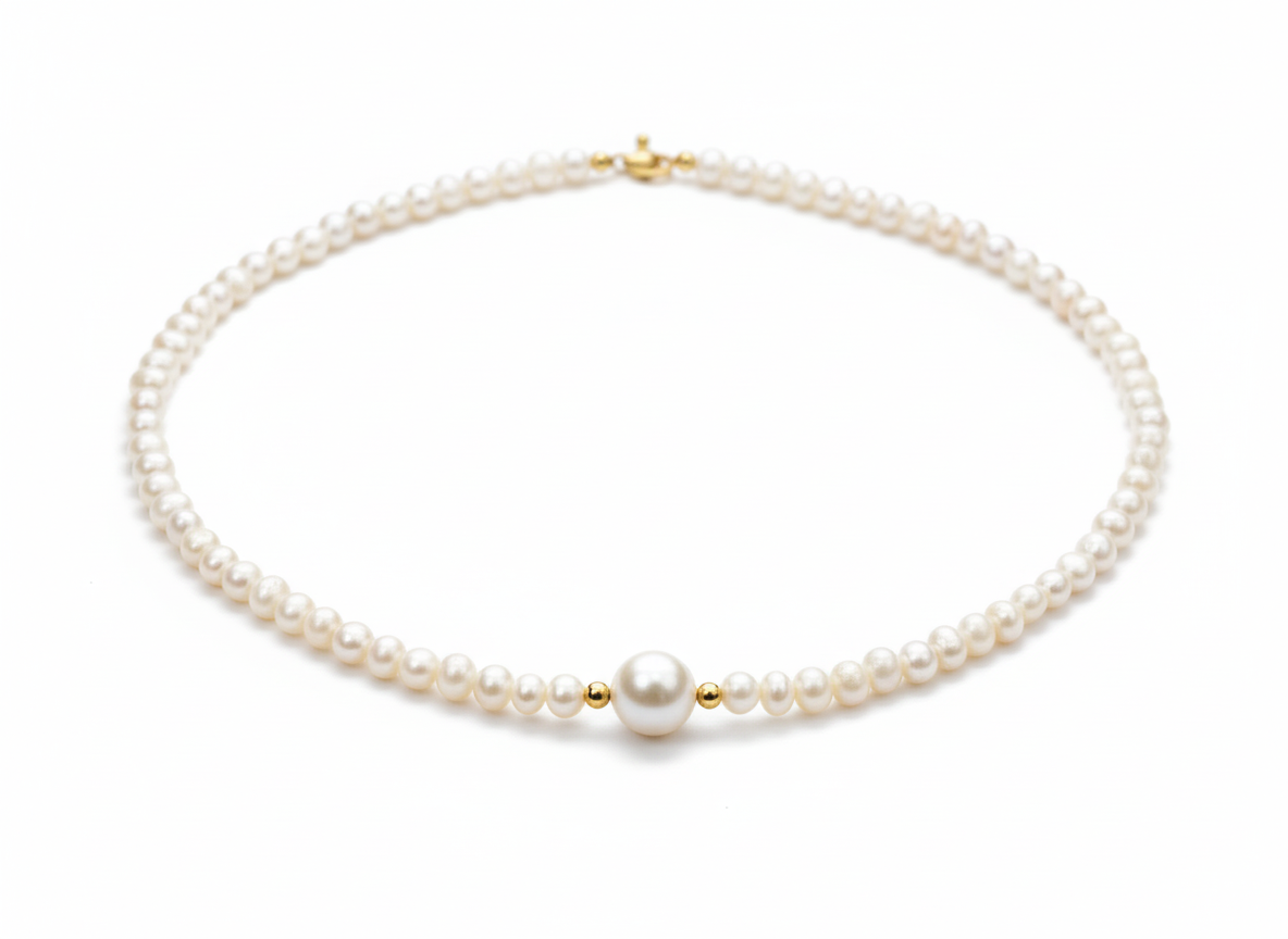 Freshwater Pearl Necklace – Adjustable 16-Inch Chain with Center Medium Pearl