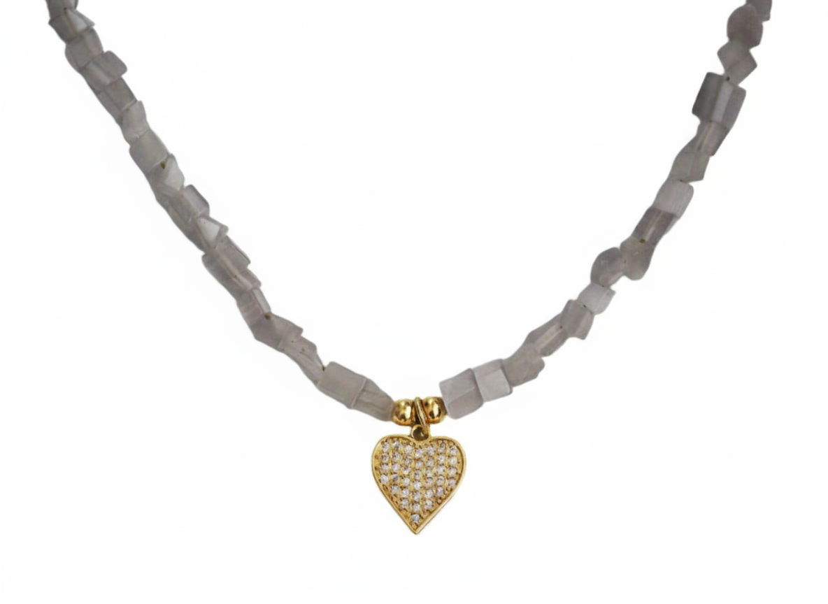 Necklace Natural Purple Stone+ Heart pendant-Gold plated 18k