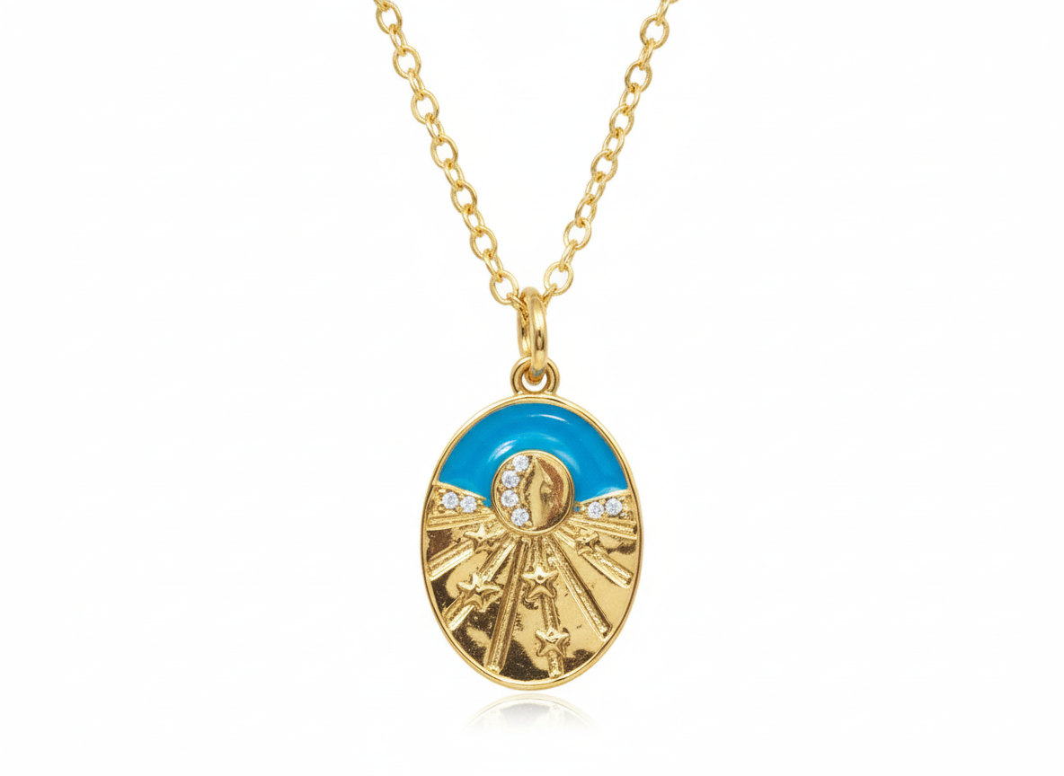 Blue Moon & Stars Pendant Necklace – Adjustable 17.5”-18K Gold-Plated