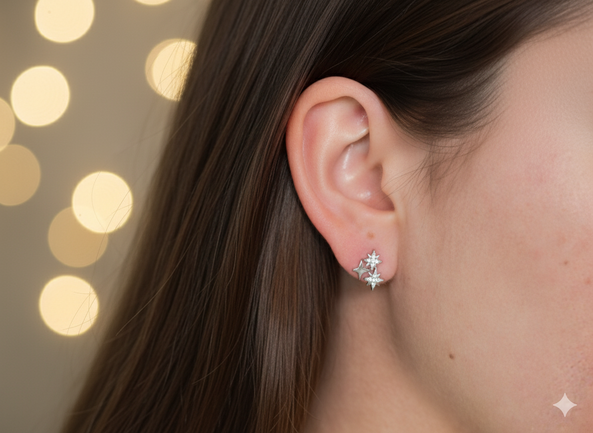 Elegant Triple Star Earrings - Sterling Silver 925 with White Zircons