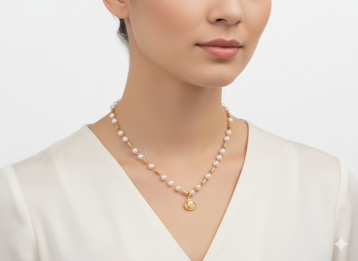 Pearl & Seashell Necklace – 18K Gold Plated