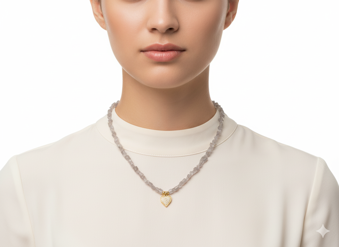 Necklace Natural Purple Stone+ Heart pendant-Gold plated 18k