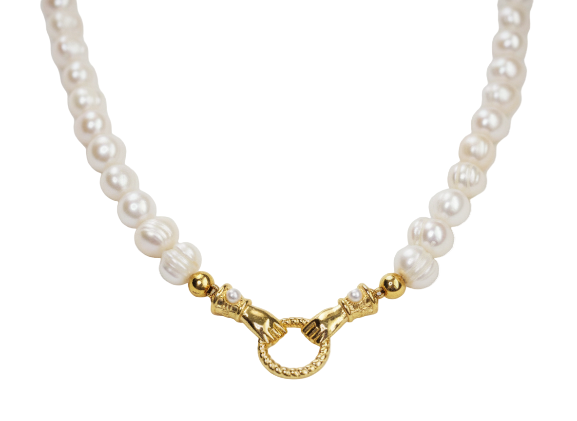 Freshwater Pearl Necklace with Hands Charm – 18K Gold Plated
