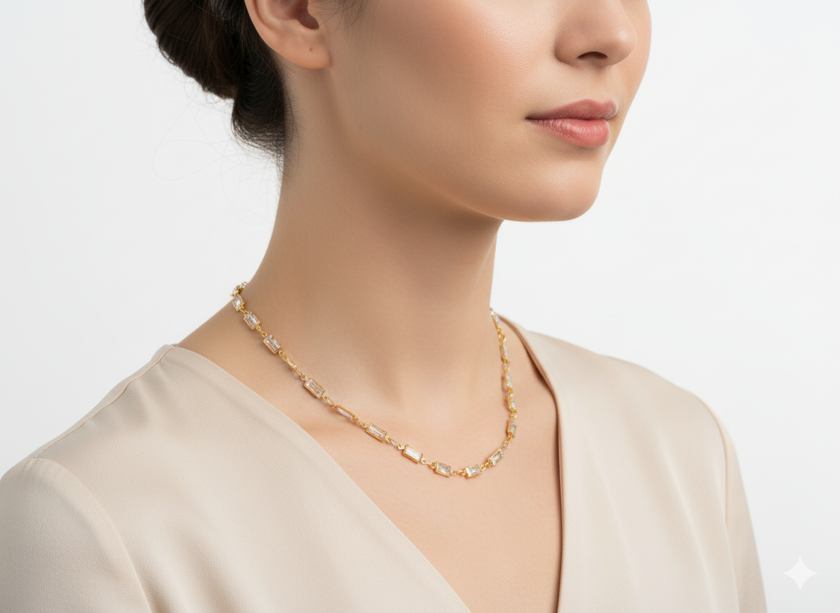 White Crystal Rectangle Pendant Necklace – -Gold plated 18k