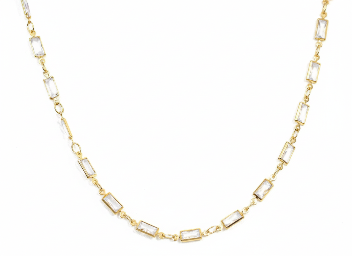 White Crystal Rectangle Pendant Necklace – -Gold plated 18k