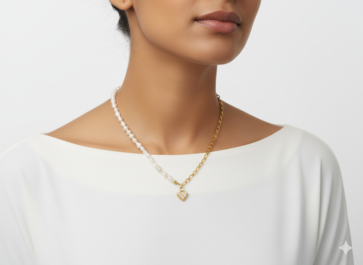 Elegant Necklace with Freshwater Pearls & Heart Pendant – 18k Gold Plated