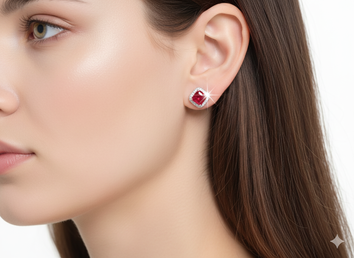 Square Magenta Zirconia Earrings, Sterling Silver 925