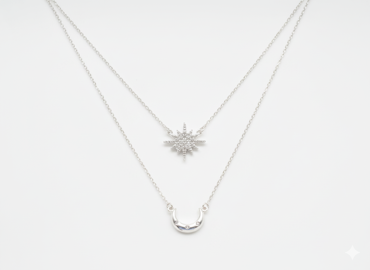 Sterling Silver 925 Star & Noon Necklace with Mini Zircons