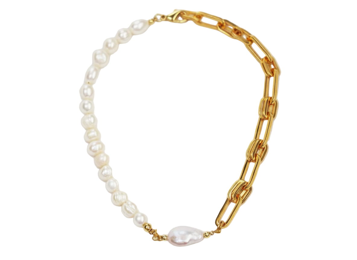 Half Chain Necklace with Water Fresh Pearl Gold Plated 18k