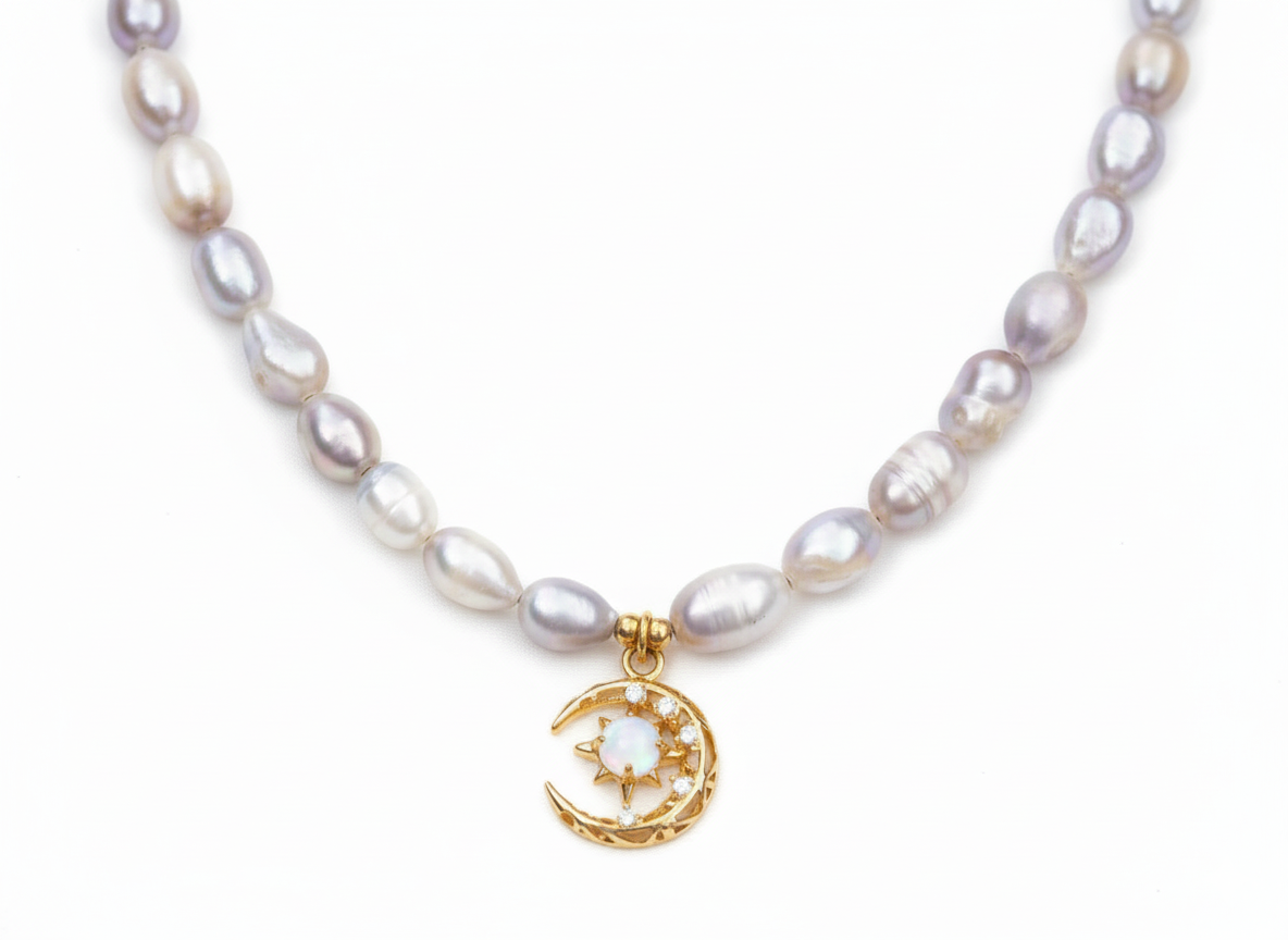 Freshwater Pearl Necklace – Purple Pearl with Stone Pendant-18K Gold-Plated