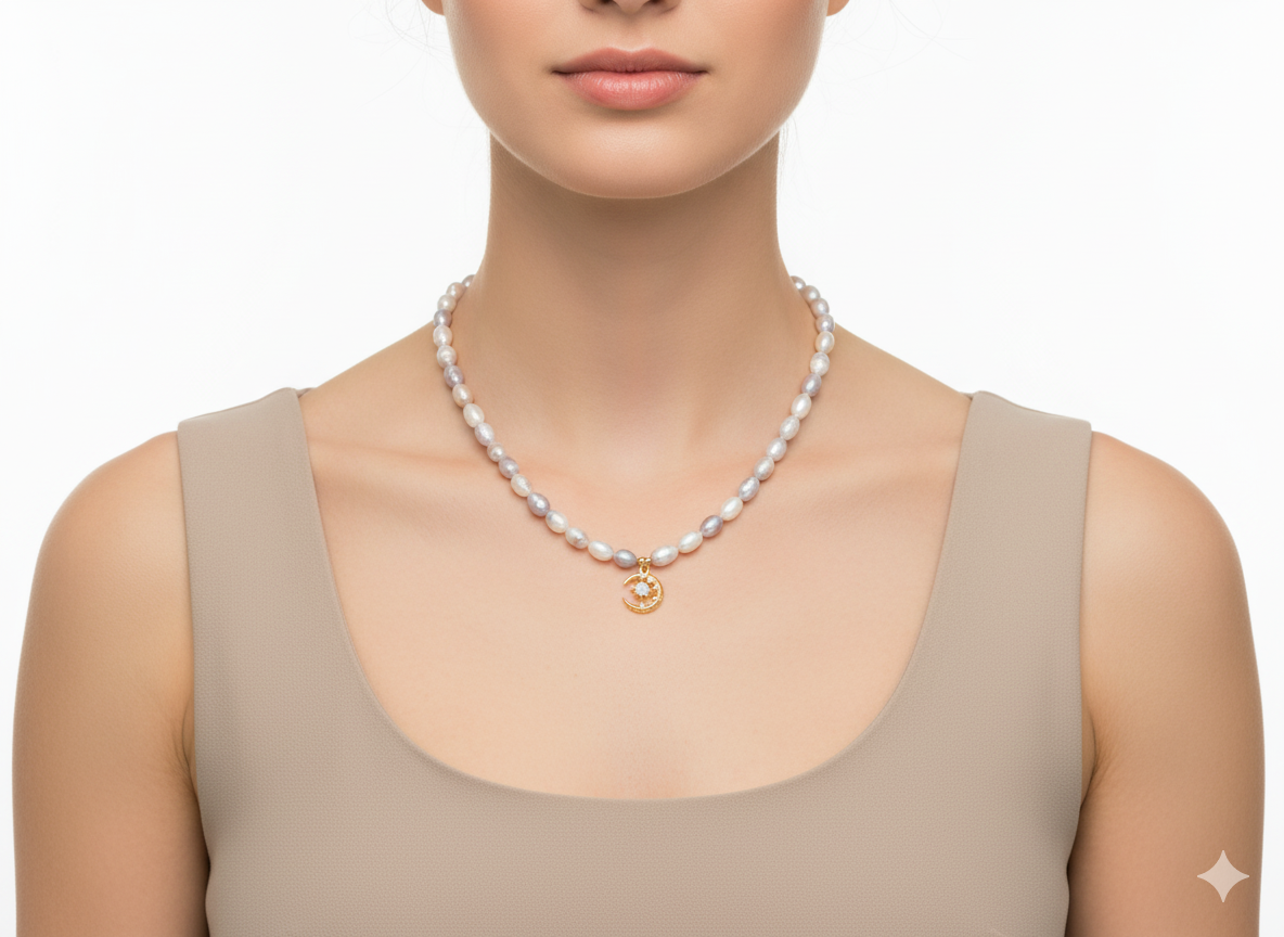 Freshwater Pearl Necklace – Purple Pearl with Stone Pendant-18K Gold-Plated