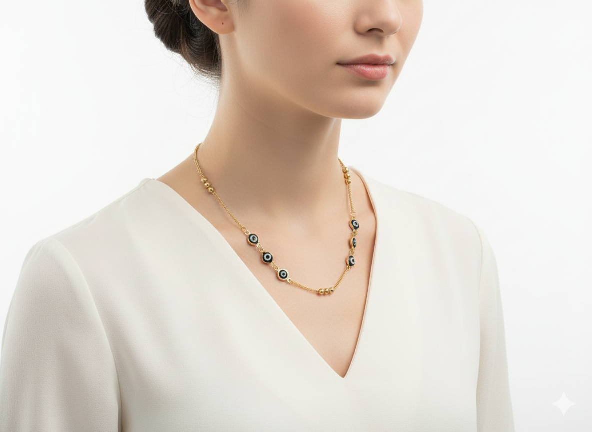 Black Evil Eye & Gold Necklace – 18k Gold Plated