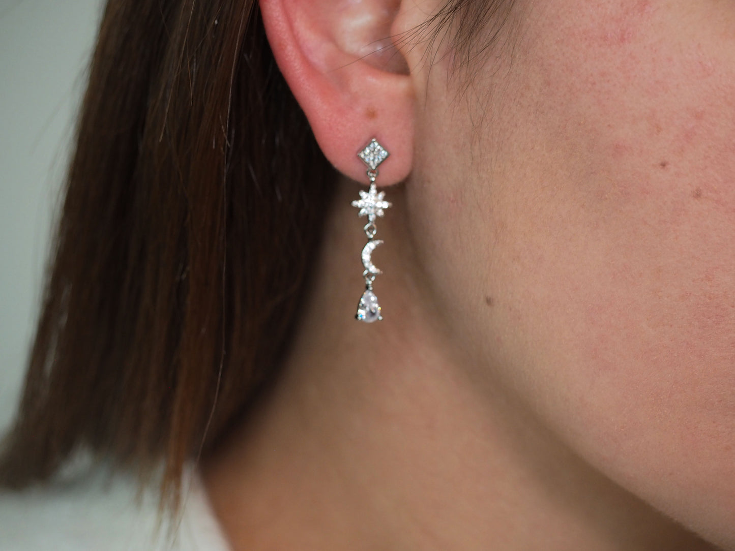 Longer Star & Noon Earrings with White Zircons - Sterling Silver 925