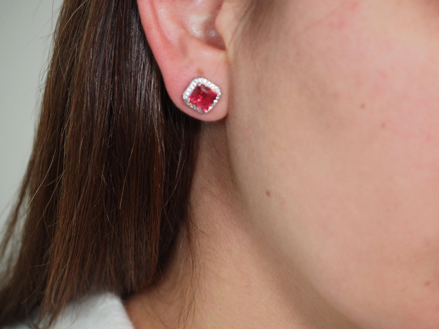 Square Magenta Zirconia Earrings, Sterling Silver 925