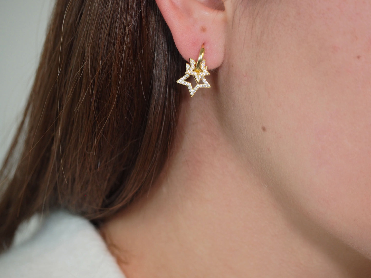 Double Star Sterling Silver Earrings – Gold Plated with Zircons