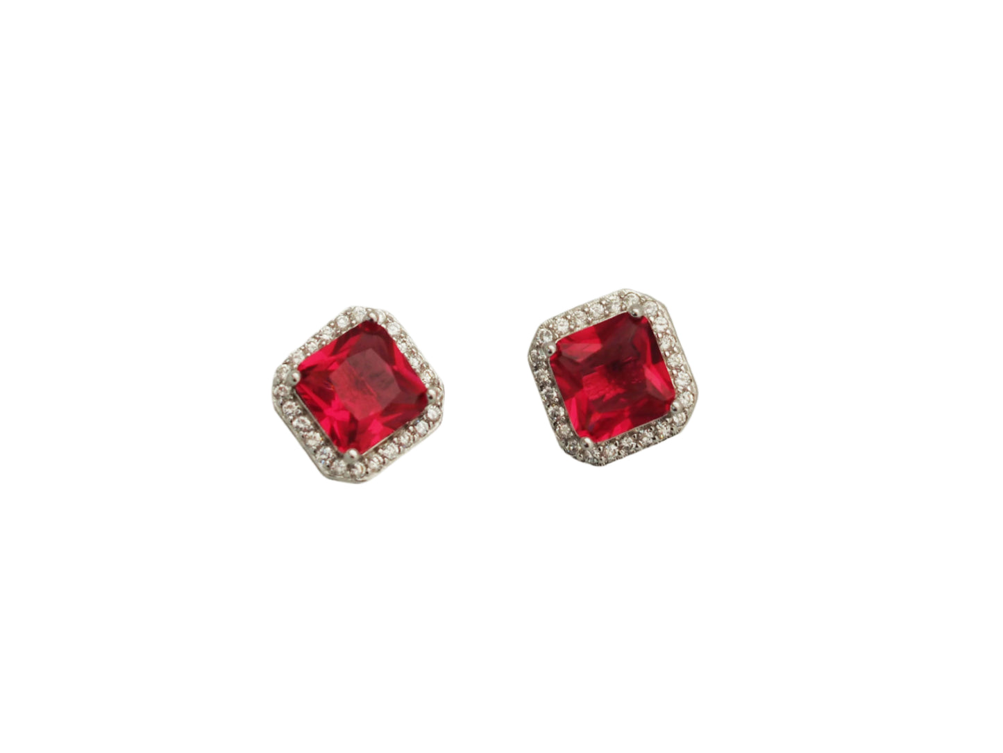 Square Magenta Zirconia Earrings, Sterling Silver 925