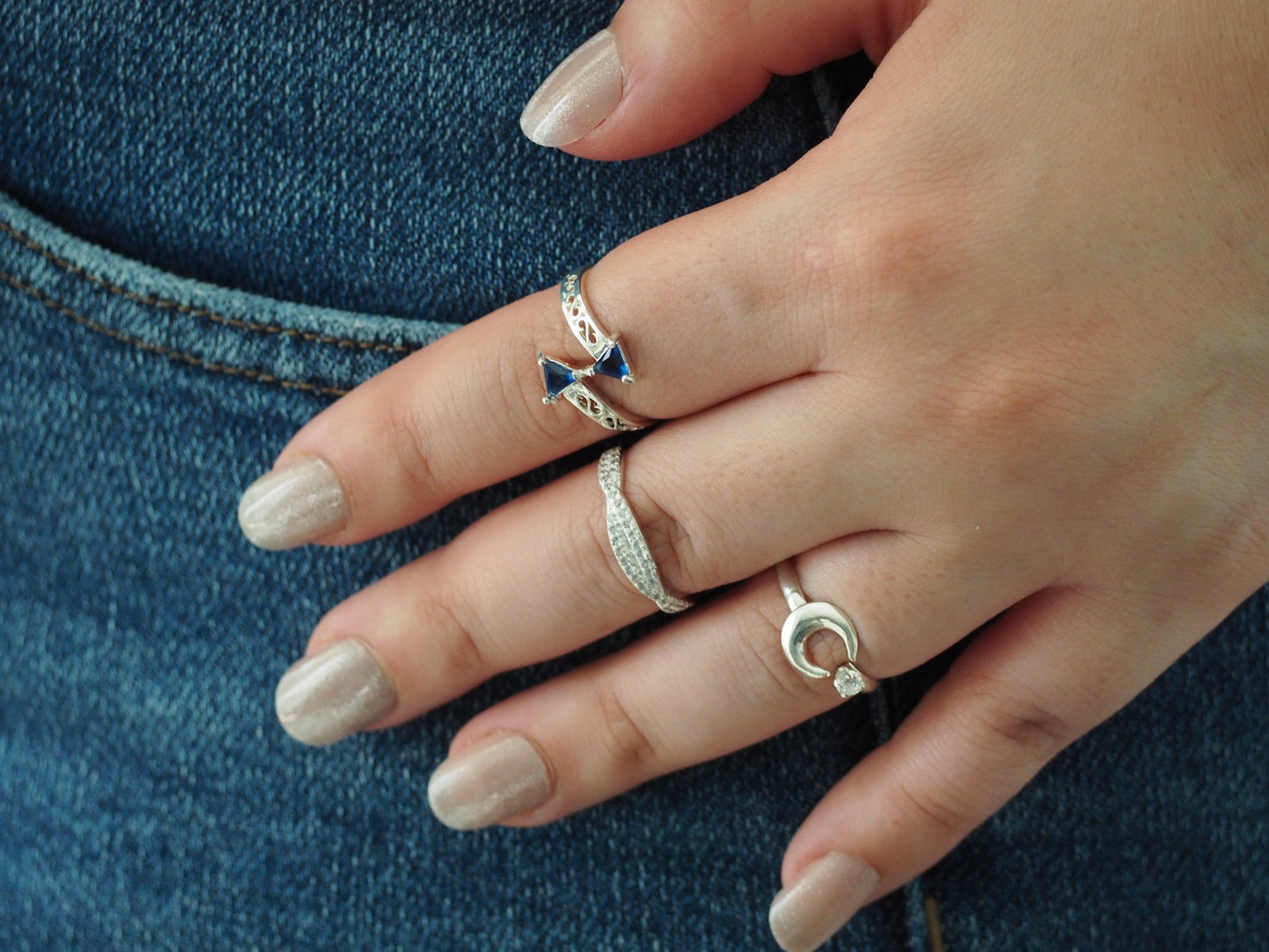 Beautiful Moon Ring with White Zircons in Sterling Silver 925