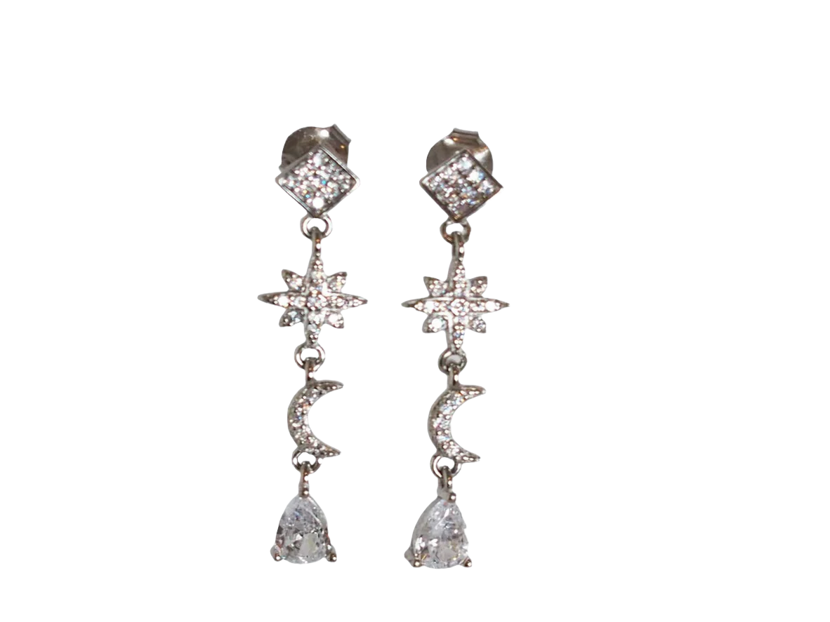 Longer Star & Noon Earrings with White Zircons - Sterling Silver 925