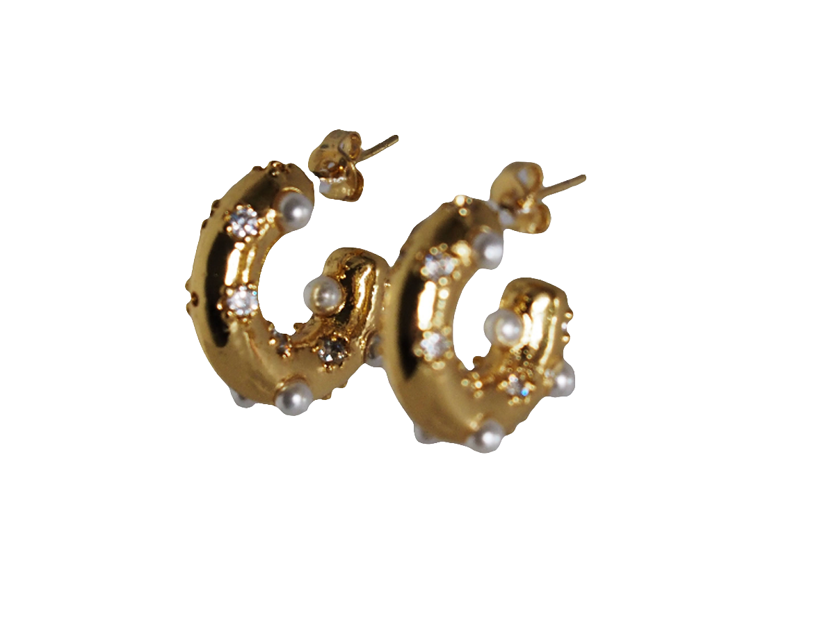 Gold Plated 18k Hoop Earrings with Pearls and Zircons