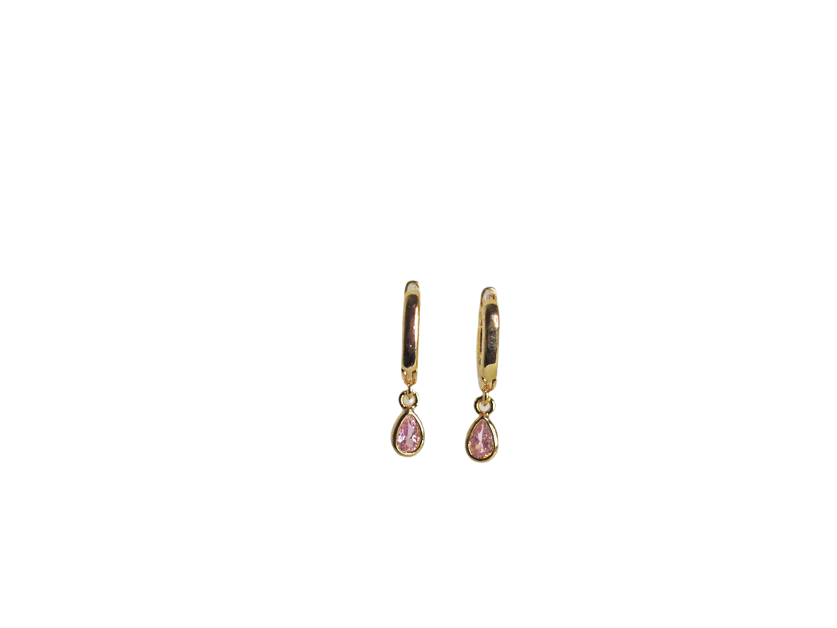 18k Gold Plated Huggie with Drop Pink Zirconia