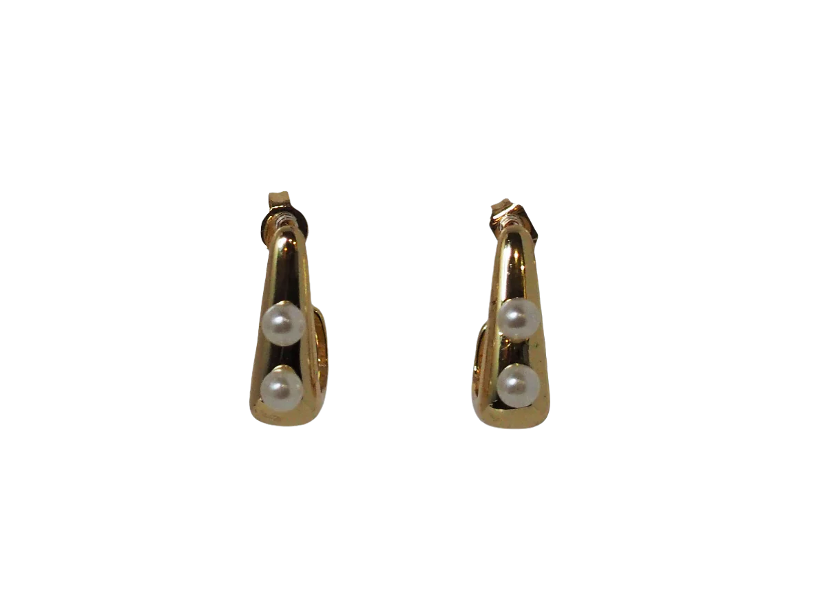 Square Hoops with two pearls - 18K Gold Plated