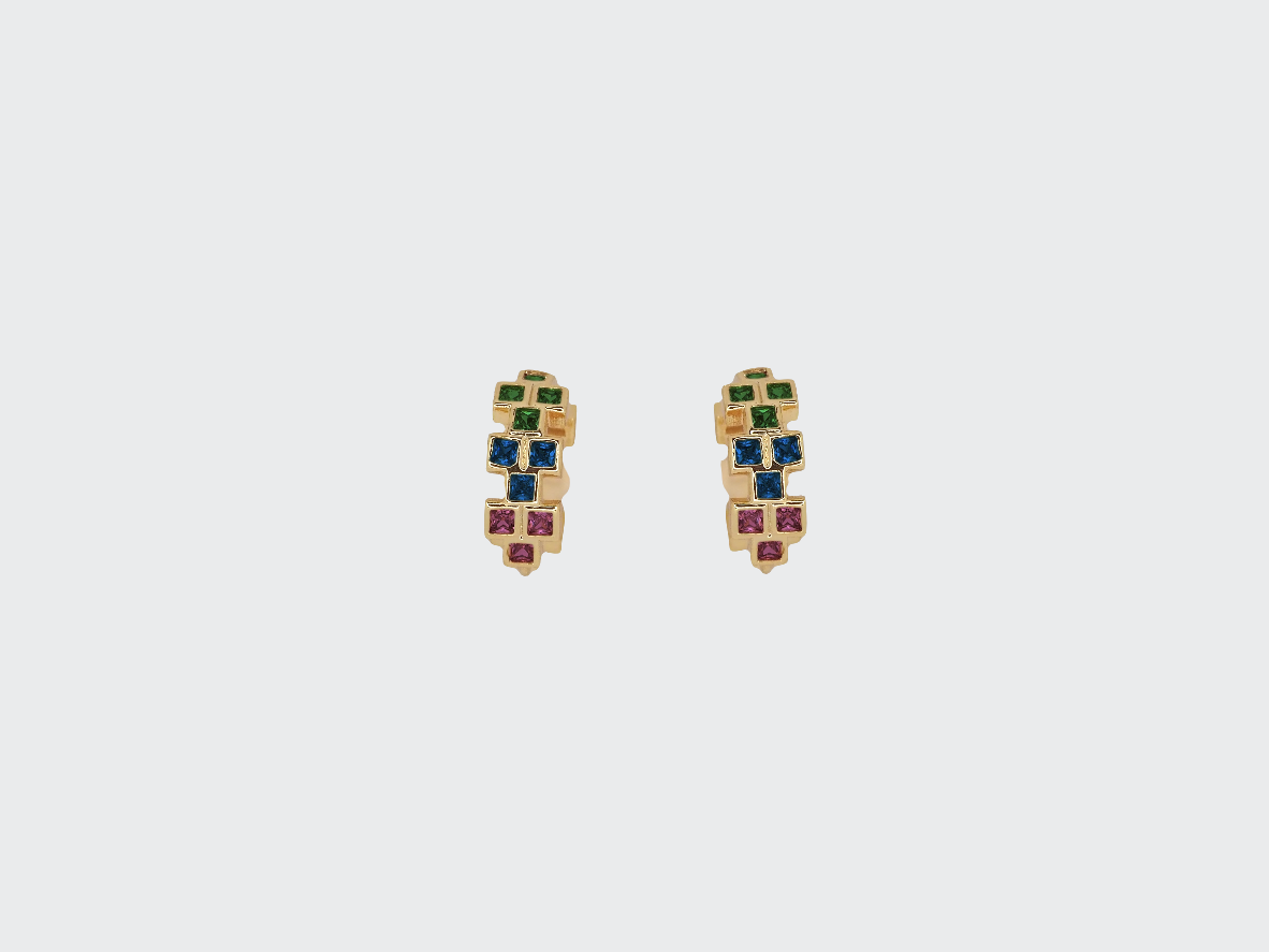 8k Gold Plated Huggie Earrings with Multi-Color Zirconia
