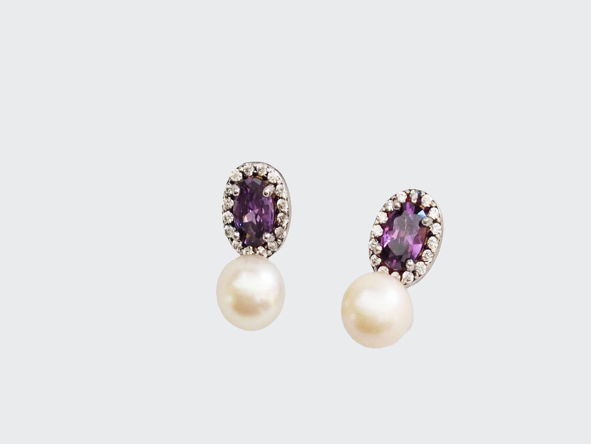 Elegant Purple Zircons and Pearls Earrings – Sterling Silver 925