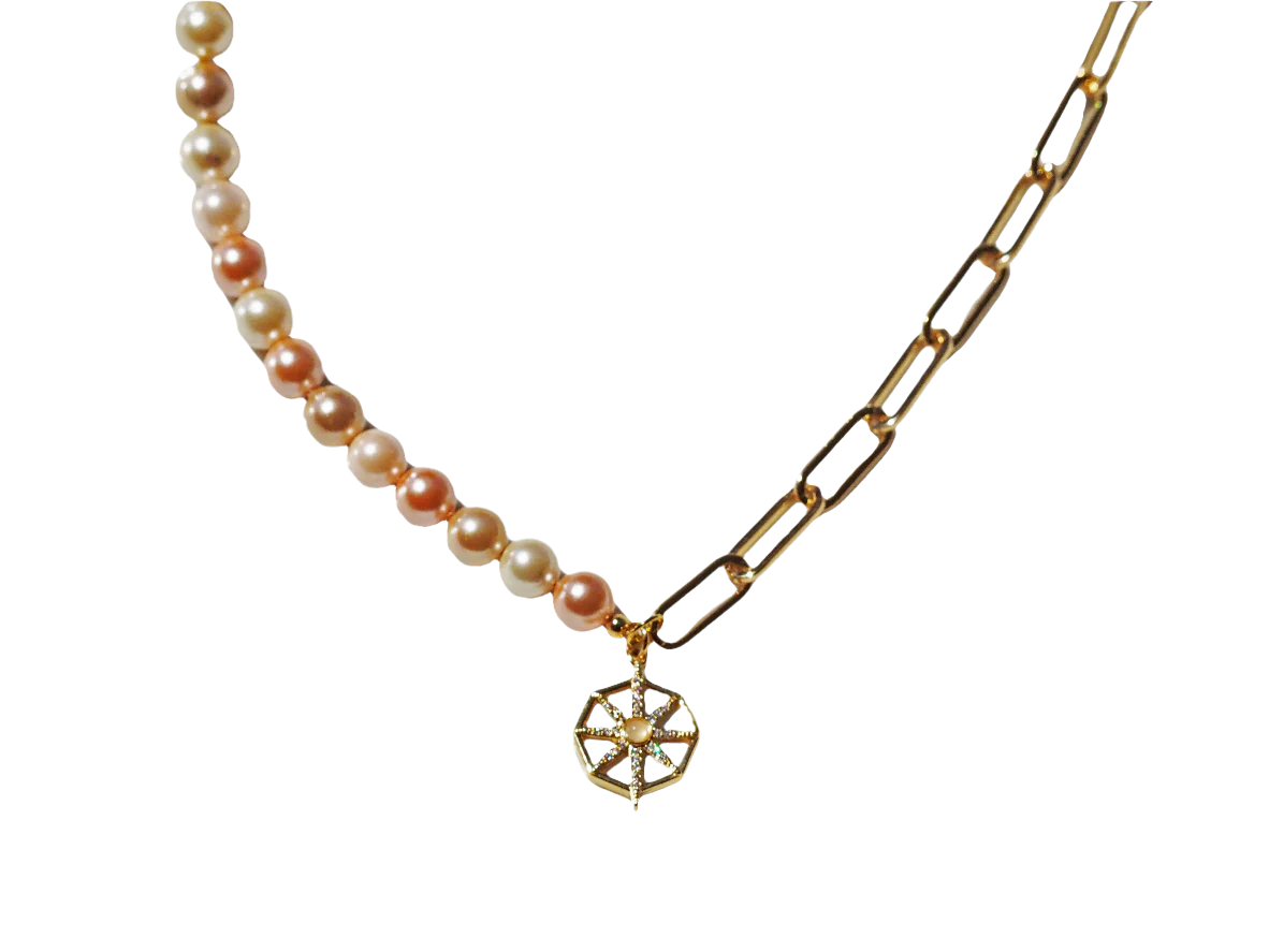 Necklace water fresh pearl and chain Gold plated 18k