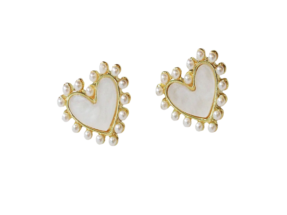 White Heart Earrings with Pearls in Gold Plated 18k