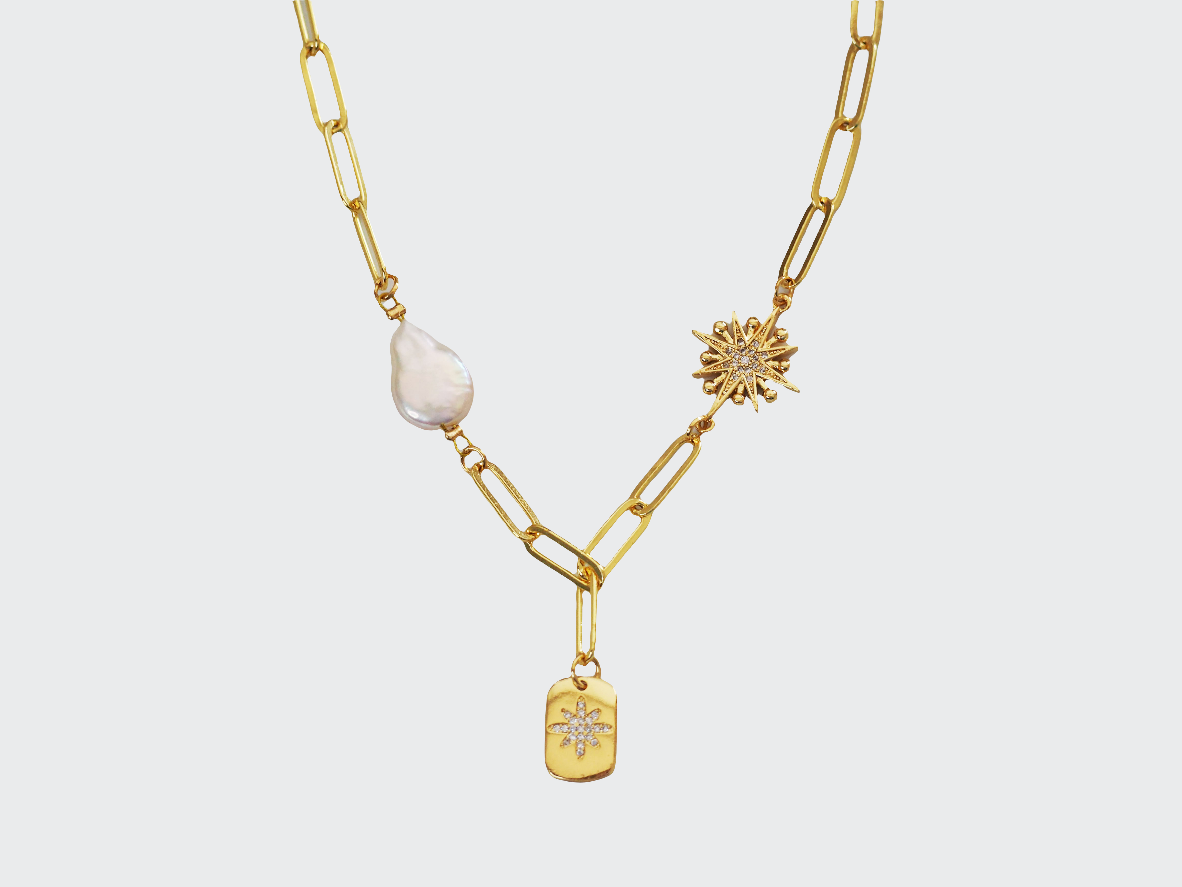 Pearl Sun & Star Necklace with Zircons | 18K Gold Plated