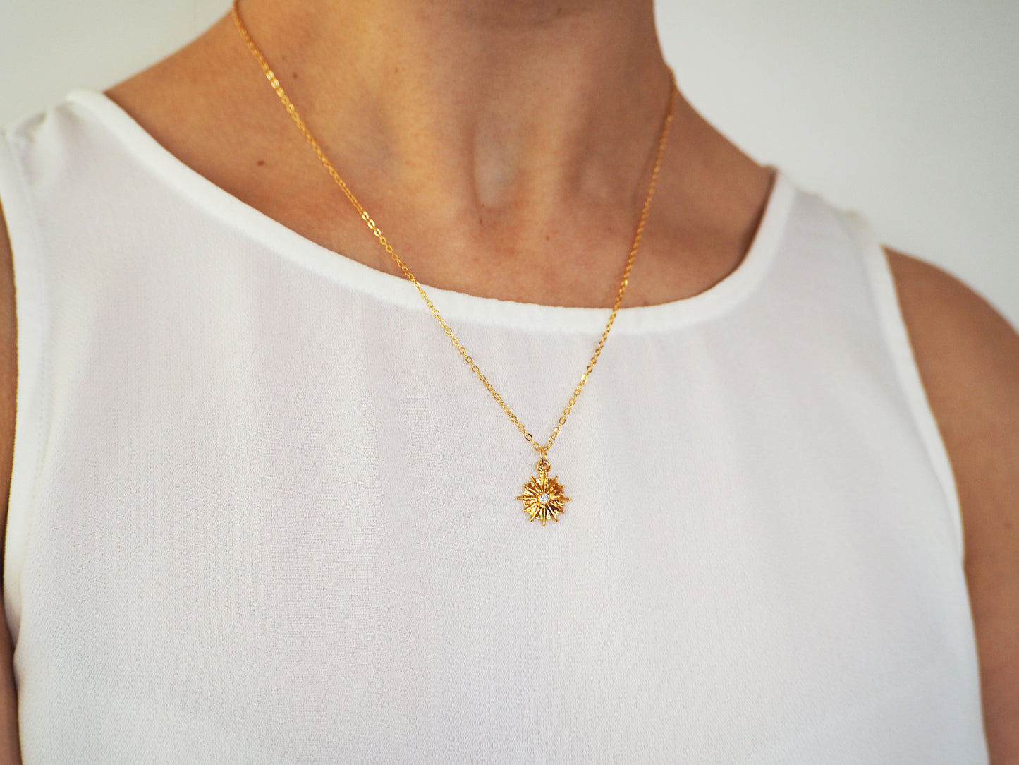 Coin Star Pendant Necklace Gold Plated 22k with White Zircon
