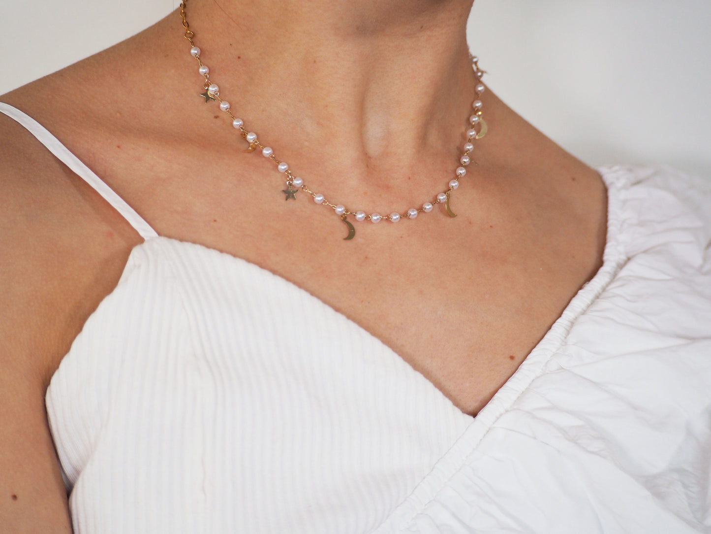 Gold Plated 18k Moons & Stars Pearls Necklace