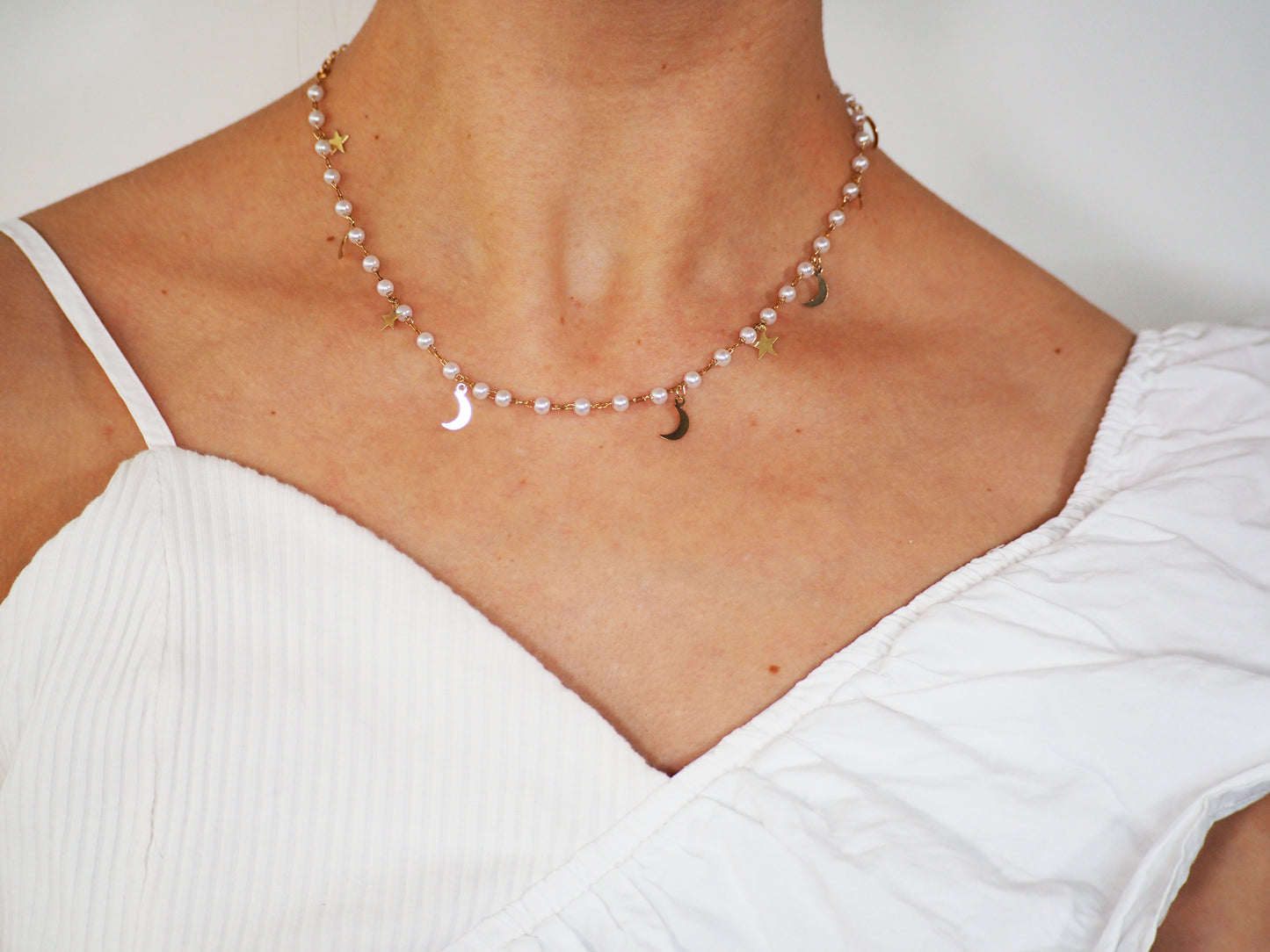 Gold Plated 18k Moons & Stars Pearls Necklace