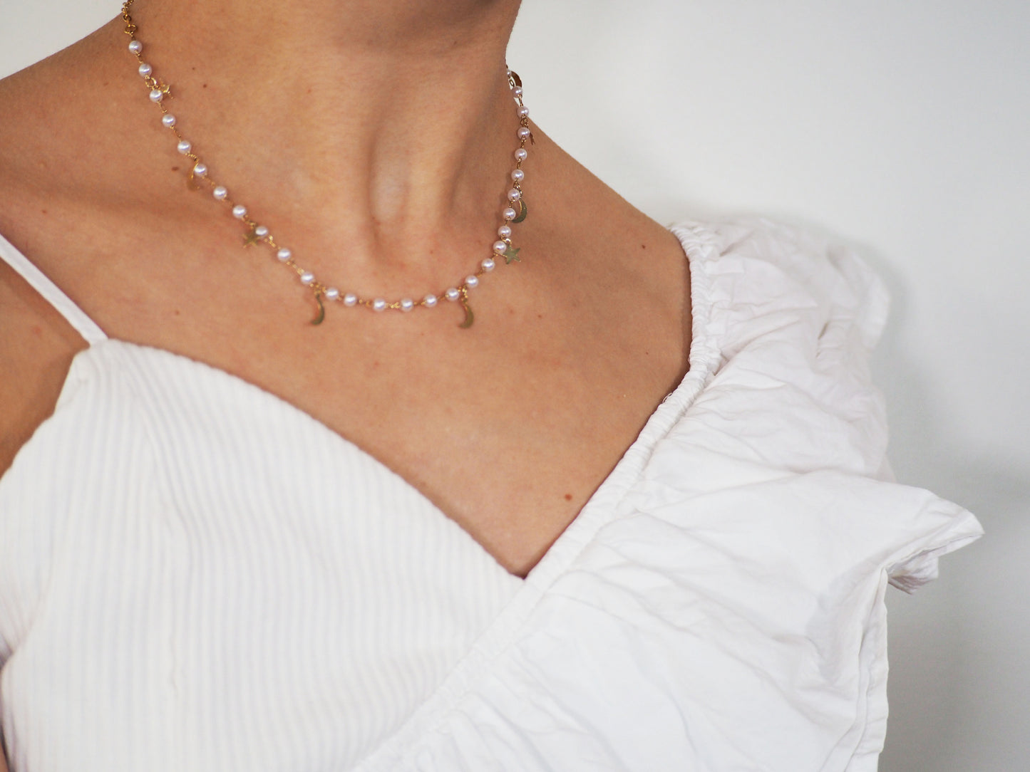 Gold Plated 18k Moons & Stars Pearls Necklace