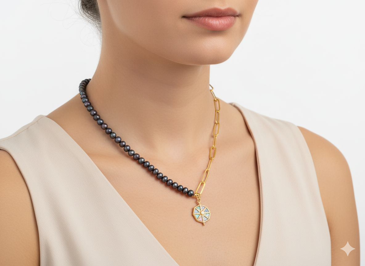 Purple Freshwater Pearl & Half Chain Necklace with Star Pendant – 18K Gold Plated