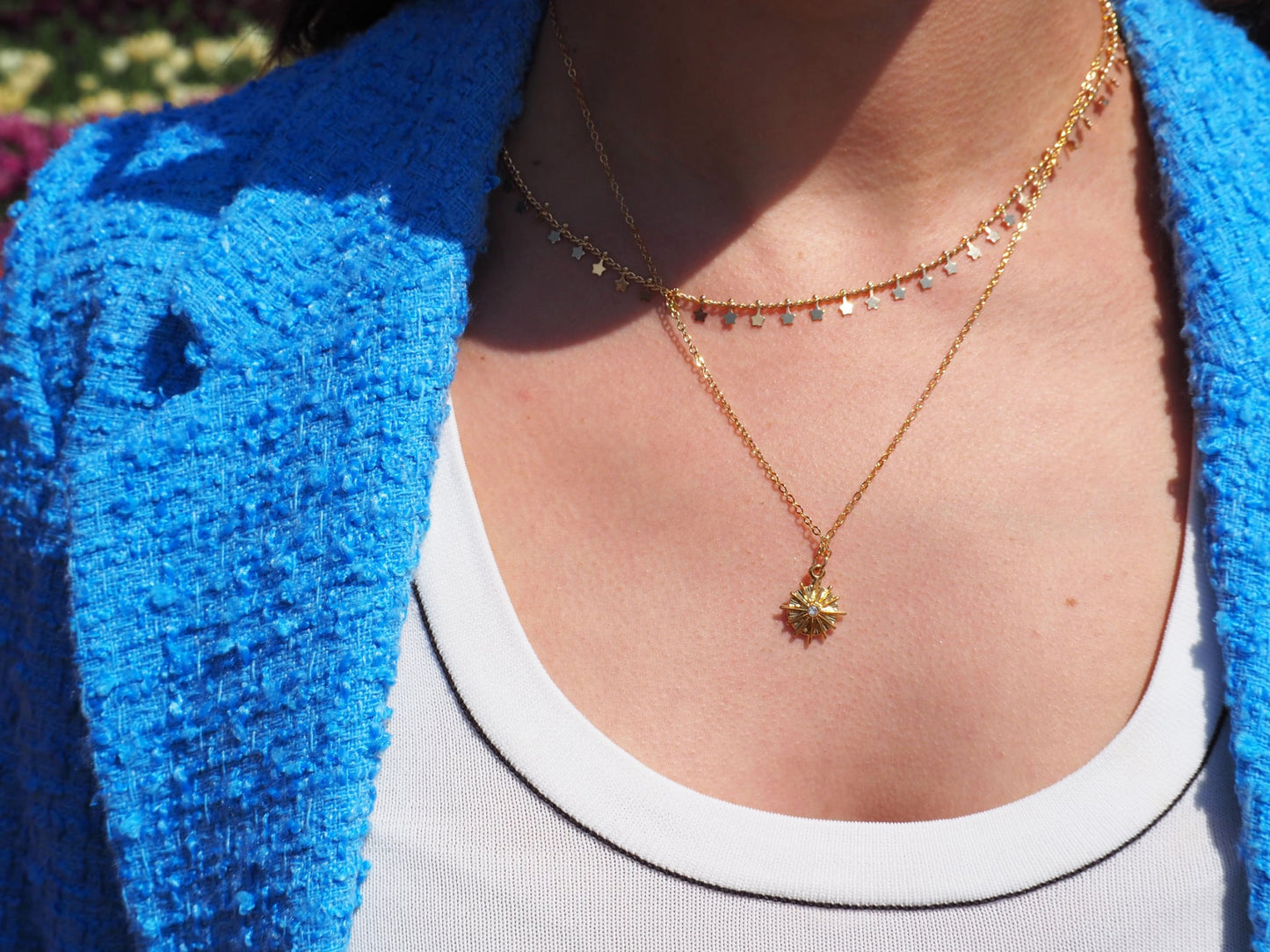 Coin Star Pendant Necklace Gold Plated 22k with White Zircon