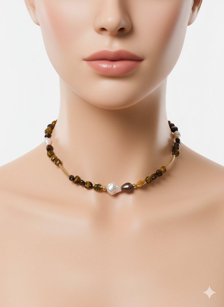 Tiger Eye & Mother of Pearl Necklace – Gold plated details.
