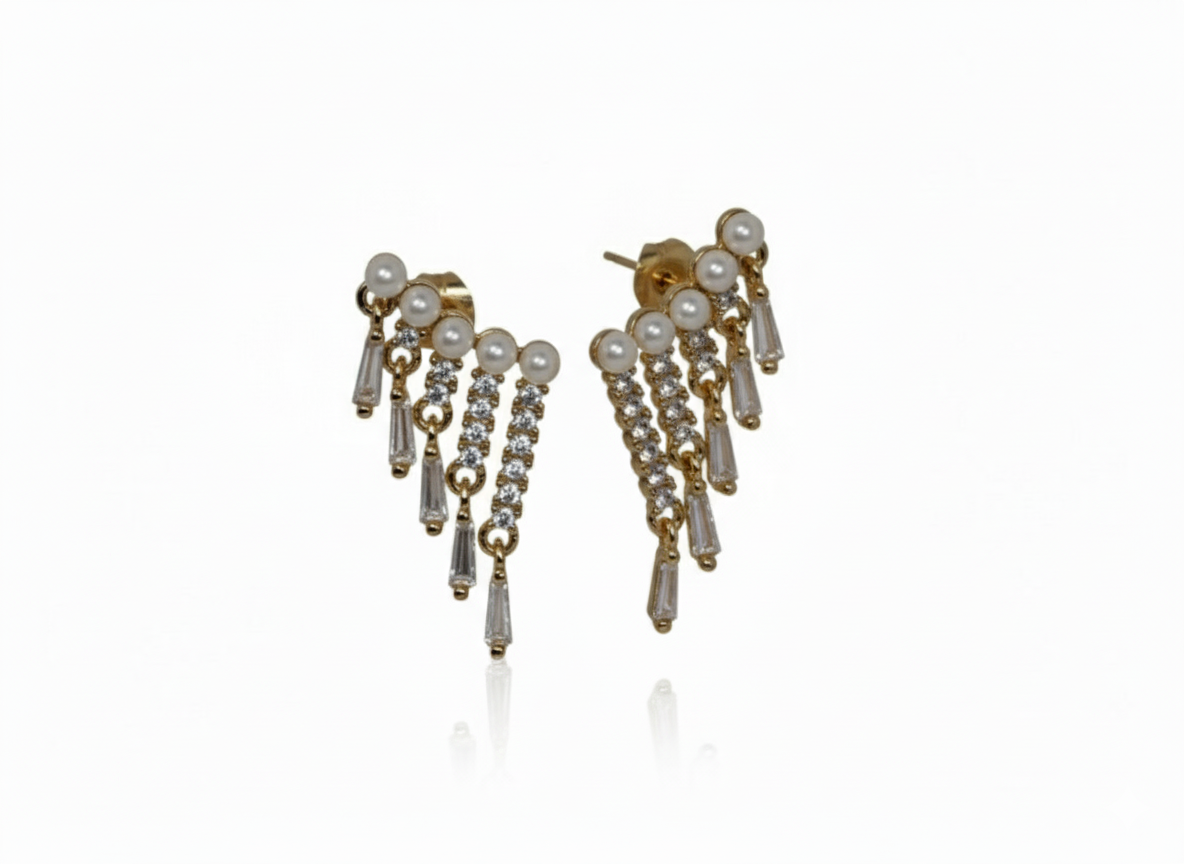 Elegant Earrings with Pearl & Zirconia Lines-18K Gold Plated