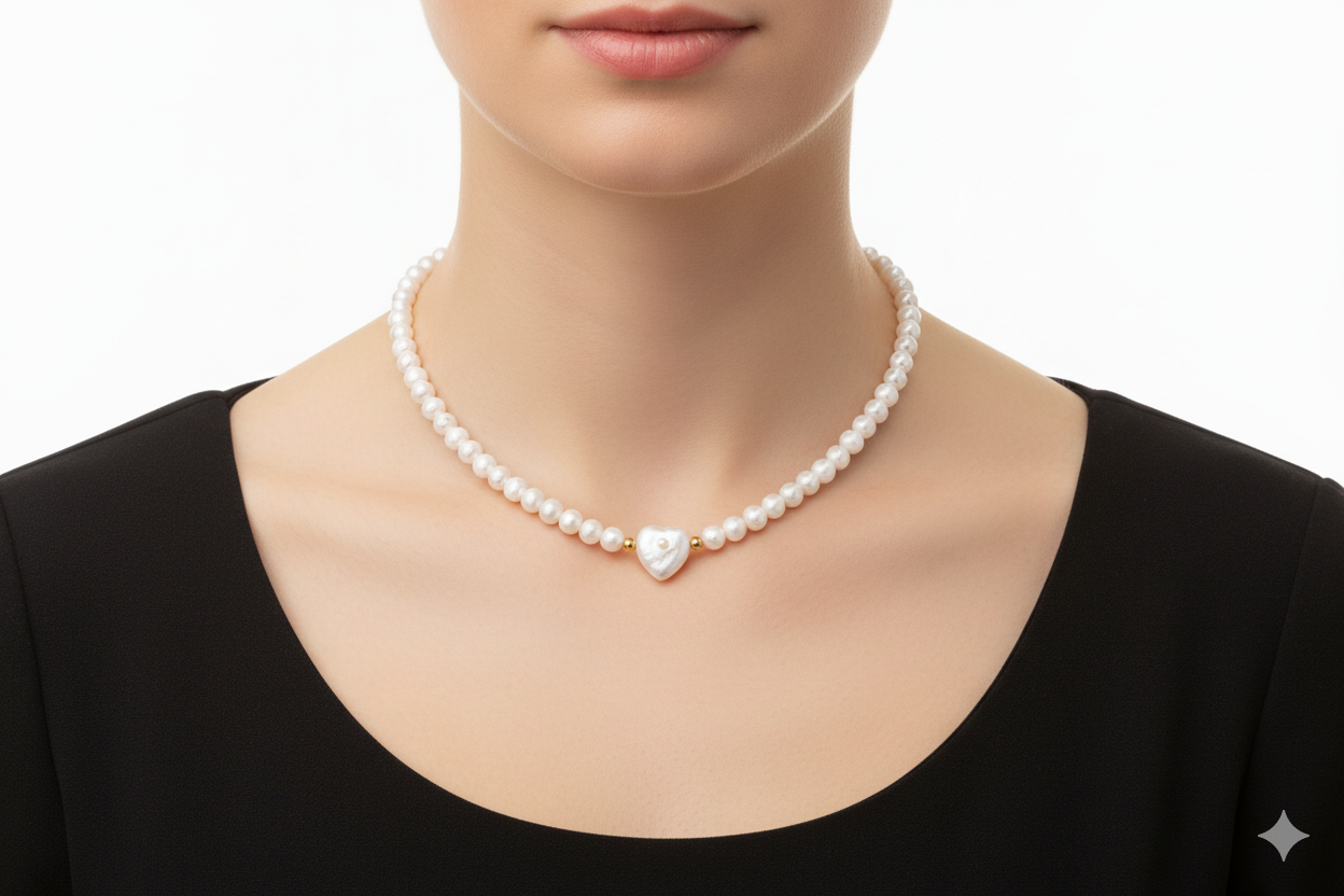 Freshwater Pearl Necklace with Mother of Pearl Heart
