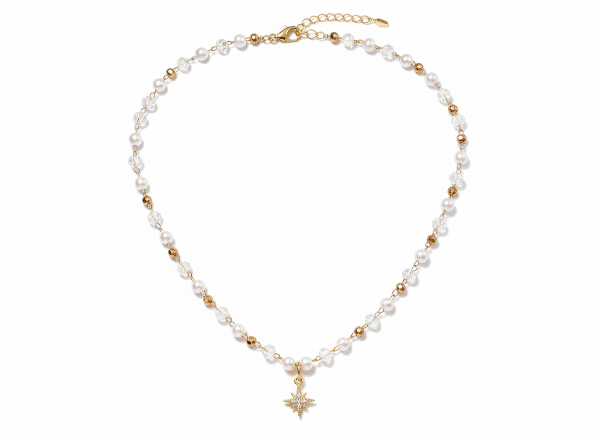 Pearl Necklace with Crystal and Star Pendant 18k Gold Plated